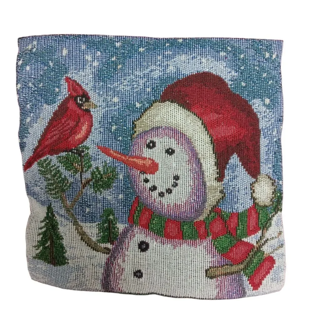 🐦☃️❄️Vintage Snowman Cardinal Christmas Throw Pillow Red Gingham Reversible 15